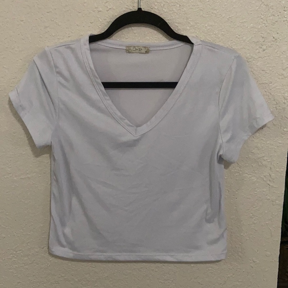 White Cropped V-Neck Tee